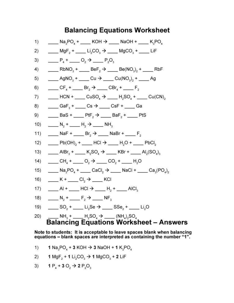 Balancing Chemical Equations Practice Worksheet With Answers