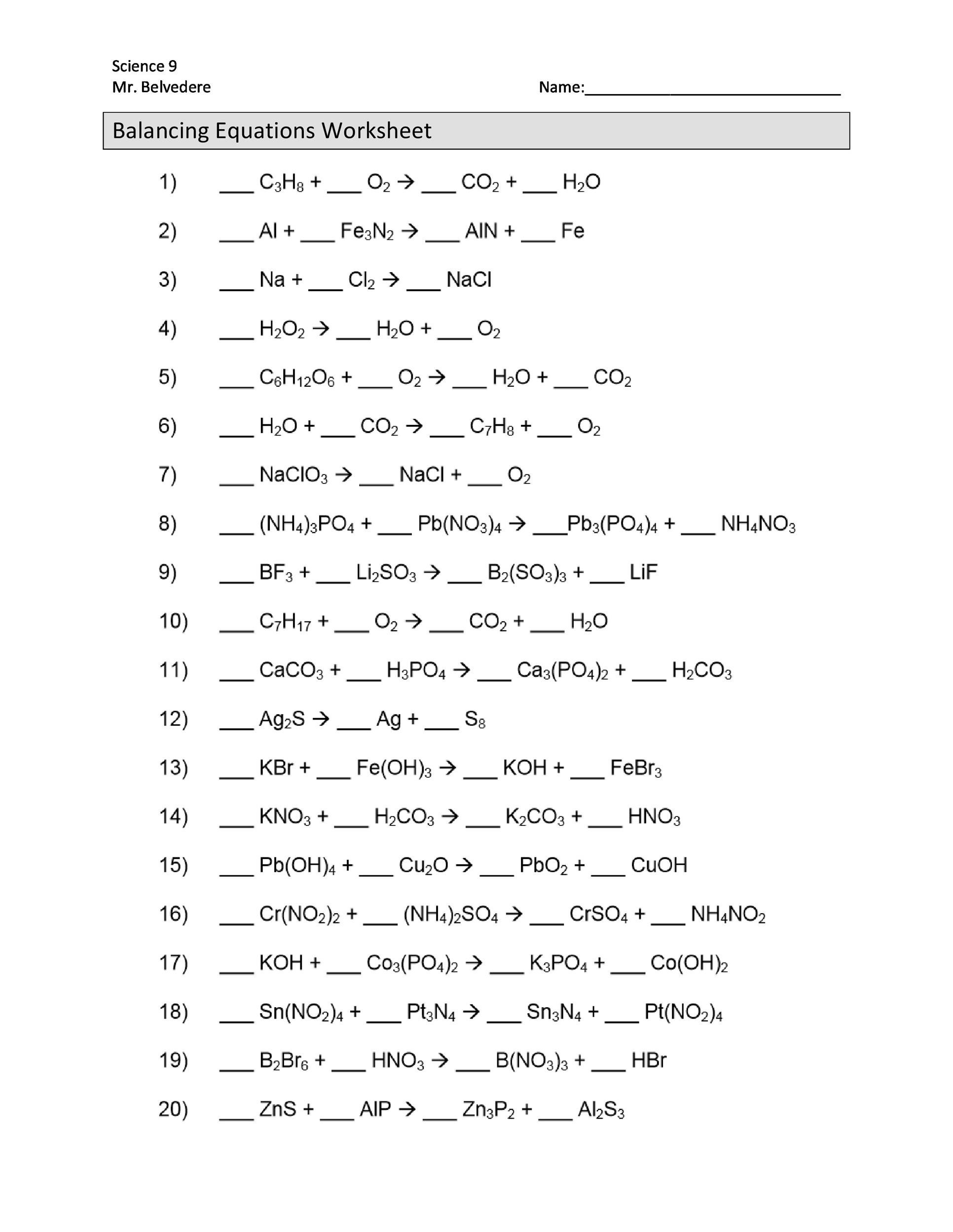 Balancing Chemical Equations Worksheet Grade 12 Printable Worksheets Balancing Chemical Equations Worksheet Grade 12 Printable Worksheets