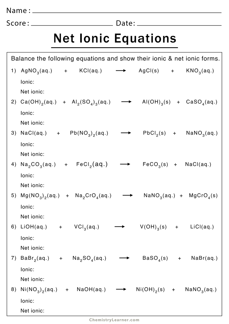 Net Ionic Equation Worksheets Chemistry Learner Net Ionic Equation Worksheets Chemistry Learner