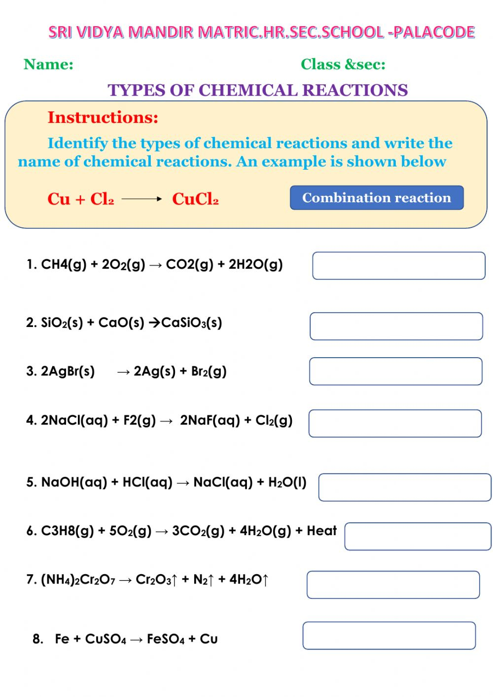 types of reactions homework answers