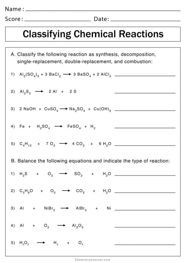 Types Of Chemical Reactions Worksheets Chemistry Learner