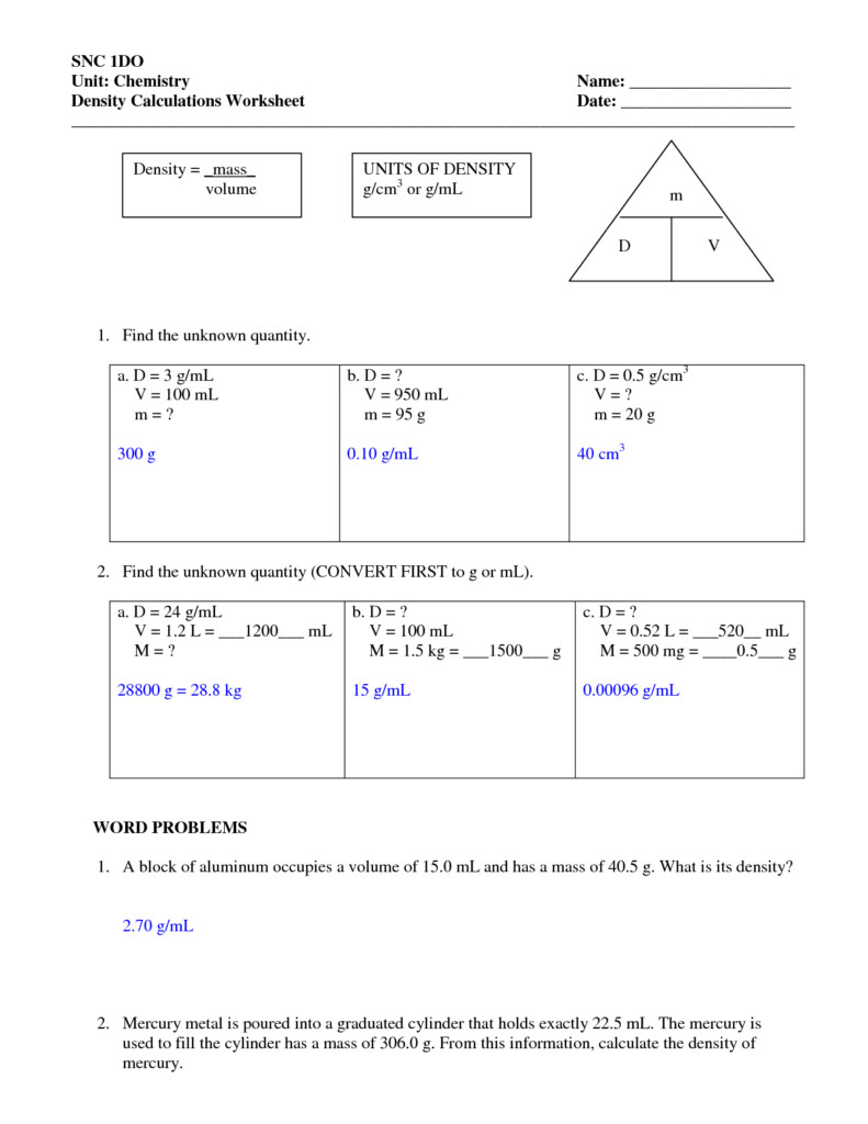 Density Worksheets With Answers Density Worksheet With Answers 