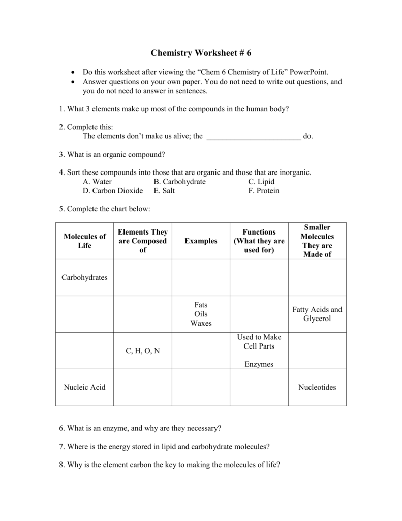 Chemistry Worksheet 6