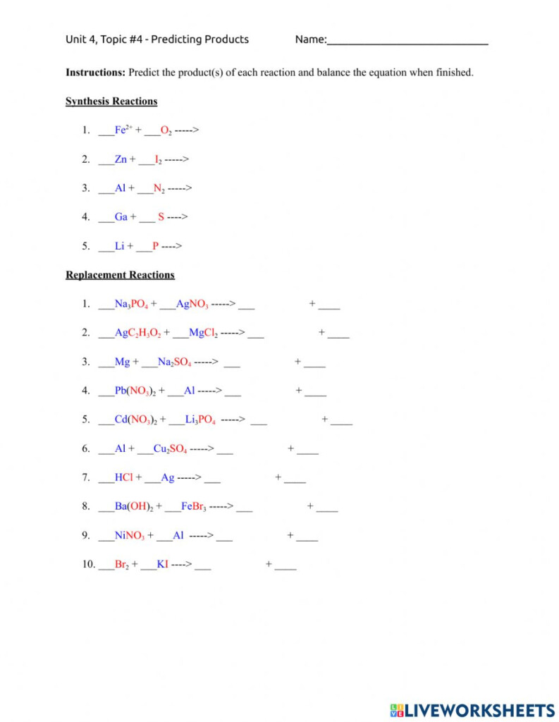 Predicting Products Of Synthesis And Replacement Reactions Worksheet